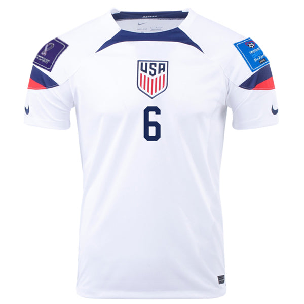 Camiseta Nike Estados Unidos Yunus Musah Local 22/23 con parches Copa Mundial 2022 (Blanco/Azul)