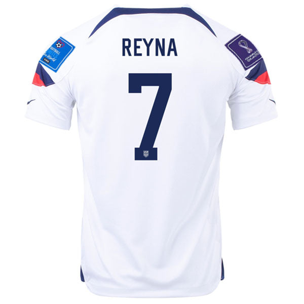 Camiseta Nike Estados Unidos Gio Reyna Local 22/23 con parches Copa Mundial 2022 (Blanco/Azul)