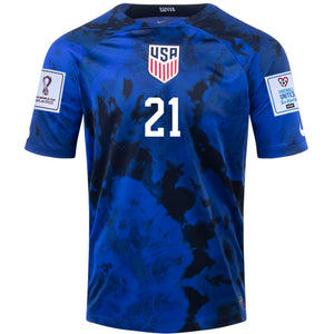 Nike United States Timothy Weah Away Jersey 22/23 w/ World Cup 2022 Patches (Bright Blue/White)