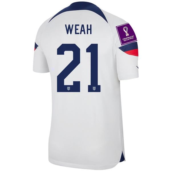 Nike Estados Unidos Timothy Weah Authentic Match Home Jersey 22/23 con parches de la Copa Mundial 2022 (Blanco/Azul)