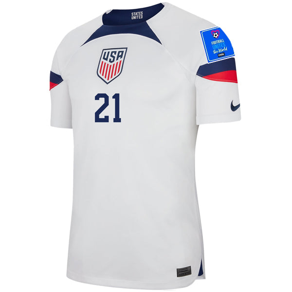 Nike Estados Unidos Timothy Weah Authentic Match Home Jersey 22/23 con parches de la Copa Mundial 2022 (Blanco/Azul)