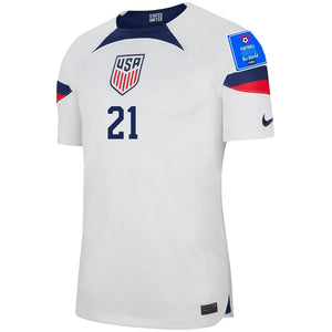 Nike United States Timothy Weah Authentic Match Home Jersey 22/23 w/ World Cup 2022 Patches (White/Loyal Blue)