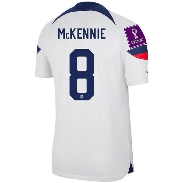Nike Estados Unidos Weston McKennie Authentic Match Home Jersey 22/23 con parches de la Copa Mundial 2022 (Blanco/Azul)