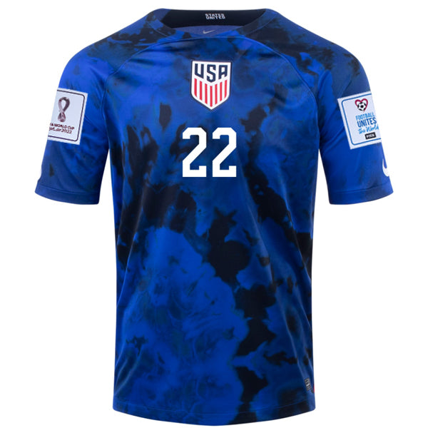 Nike Estados Unidos Deandre Yedlin Away Jersey 22/23 con parches de la Copa Mundial 2022 (Azul brillante/Blanco)