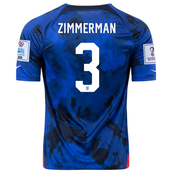 Nike Estados Unidos Zimmerman Away Jersey 22/23 con parches de la Copa Mundial 2022 (Azul brillante/Blanco)