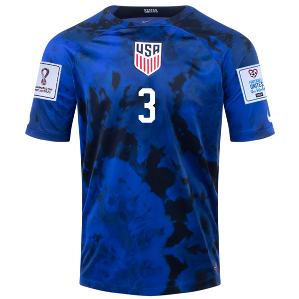 Nike Estados Unidos Zimmerman Away Jersey 22/23 con parches de la Copa Mundial 2022 (Azul brillante/Blanco)