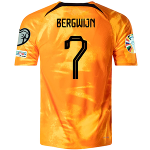 Nike Netherlands Steven Bergwijn Home Match Authentic Jersey w/ Euro Qualifying Patches 22/23 (Laser Orange/Black)