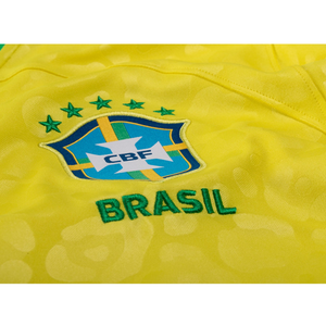 Nike Brasil Bruno Guimaraes Home Jersey 22/23 con parches de la Copa Mundial 2022 (Amarillo dinámico/Azul supremo)