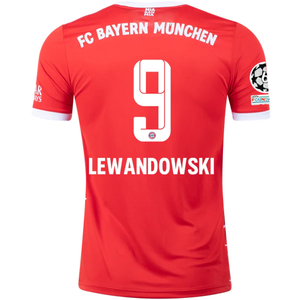 adidas Bayern Munich Robert Lewandowski Home Jersey w/ Champions League Patches 22/23 (Red/White)