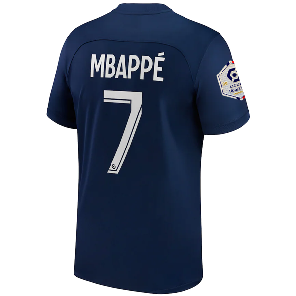 Camiseta de local Nike Paris Saint-Germain Kylian Mbappe con parche de campeón de la Ligue 1 22/23 (azul marino medianoche/blanco)