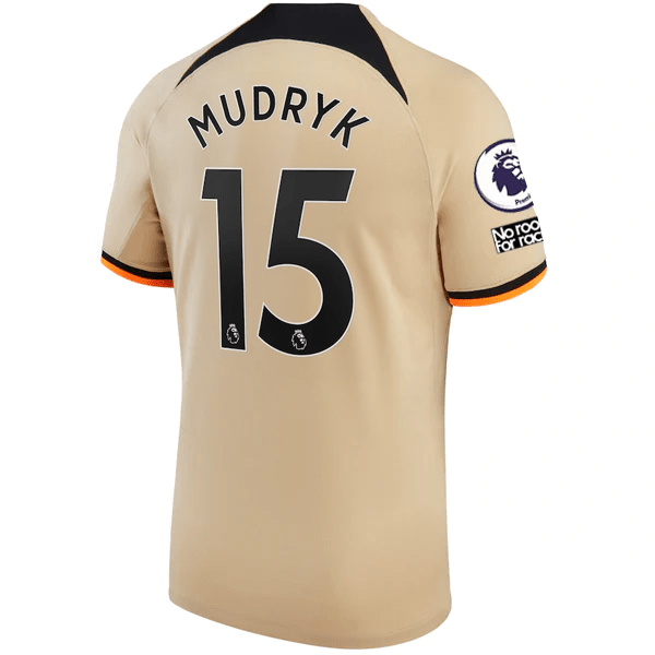Nike Chelsea Mudryk Third Jersey w/ EPL + No Room For Racism + Club World Cup Patches 22/23 (Sesame/Black) | SoccerWearhouse
