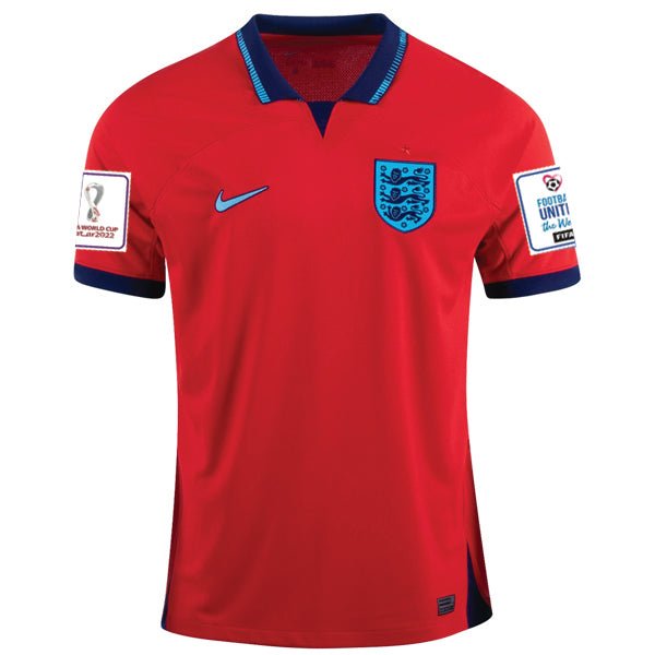Nike England Away Jersey 22/23 w/ World Cup 2022 Patches (Challenge Red/Blue Void) | SoccerWearhouse
