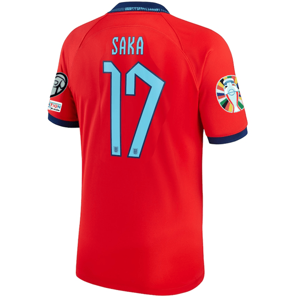 Nike England Bukayo Saka Away Jersey 22/23 w/ Euro Qualifier Patches (Challenge Red/Blue Void) | SoccerWearhouse