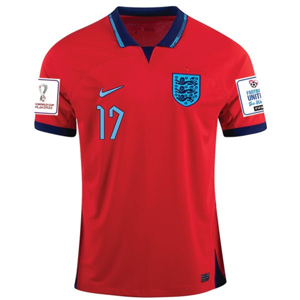 Nike England Bukayo Saka Away Jersey 22/23 w/ World Cup 2022 Patches (Challenge Red/Blue Void) | SoccerWearhouse