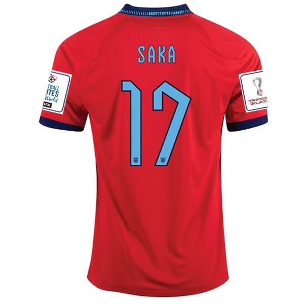 Nike England Bukayo Saka Away Jersey 22/23 w/ World Cup 2022 Patches (Challenge Red/Blue Void) | SoccerWearhouse