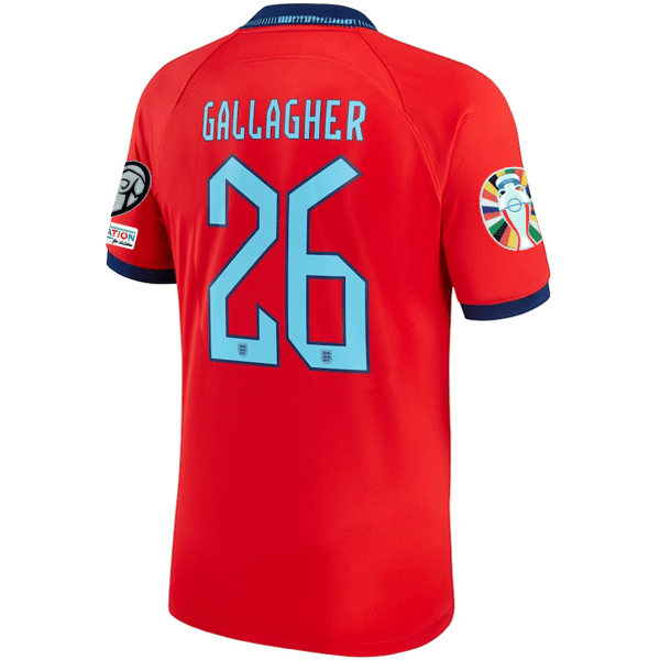 Nike England Conor Gallagher Away Jersey 22/23 w/ Euro Qualifier Patches (Challenge Red/Blue Void) | SoccerWearhouse