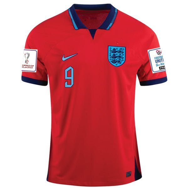Nike England Harry Kane Away Jersey 22/23 w/ World Cup 2022 Patches (Challenge Red/Blue Void) | SoccerWearhouse