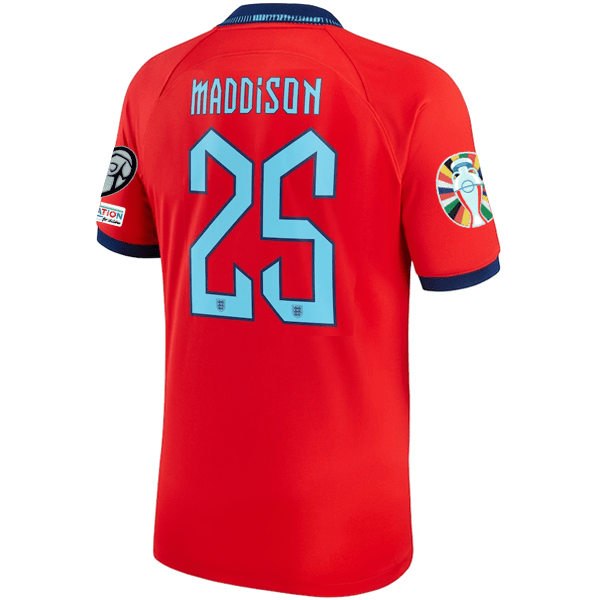 Nike England James Maddison Away Jersey 22/23 w/ Euro Qualifier Patches (Challenge Red/Blue Void) | SoccerWearhouse