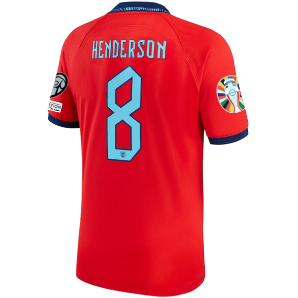 Nike England Jordan Henderson Away Jersey 22/23 w/ Euro Qualifier Patches (Challenge Red/Blue Void) | SoccerWearhouse