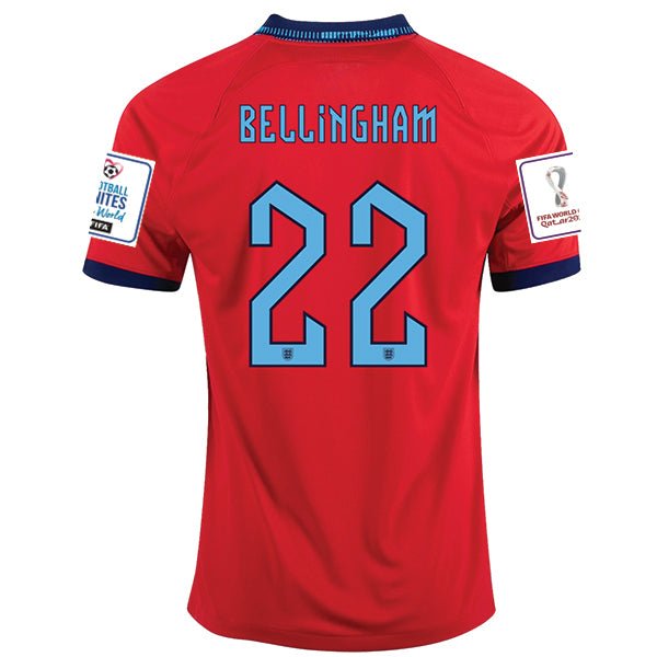 Nike England Jude Bellingham Away Jersey 22/23 w/ World Cup 2022 Patches (Challenge Red/Blue Void) | SoccerWearhouse