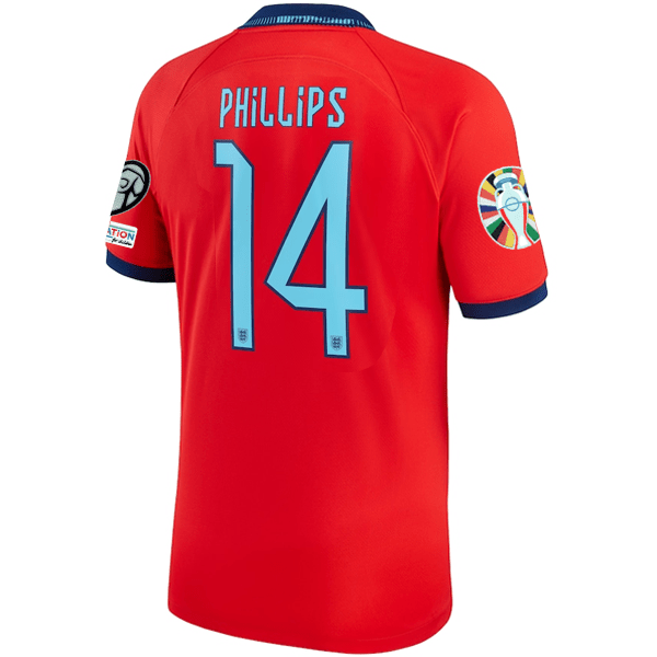 Nike England Kalvin Phillips Away Jersey 22/23 w/ Euro Qualifier Patches (Challenge Red/Blue Void) | SoccerWearhouse