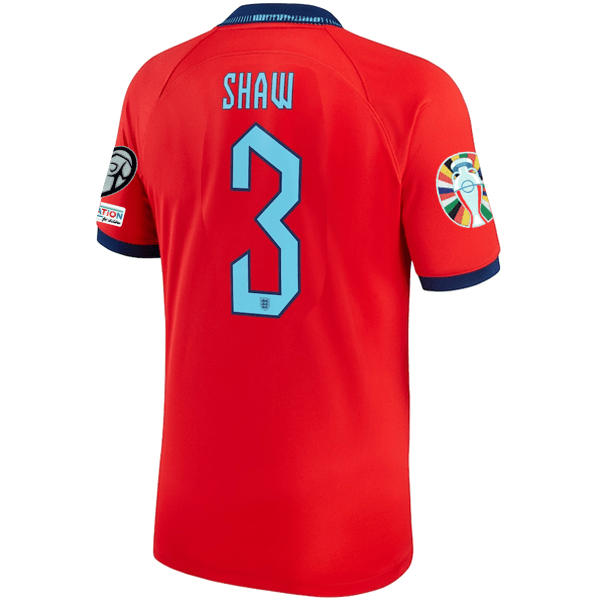 Nike England Luke Shaw Away Jersey 22/23 w/ Euro Qualifier Patches (Challenge Red/Blue Void) | SoccerWearhouse