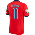 Nike Inglaterra Away Jersey 22/23 con parches de la Copa Mundial 2022 (Challenge Red/Blue Void)