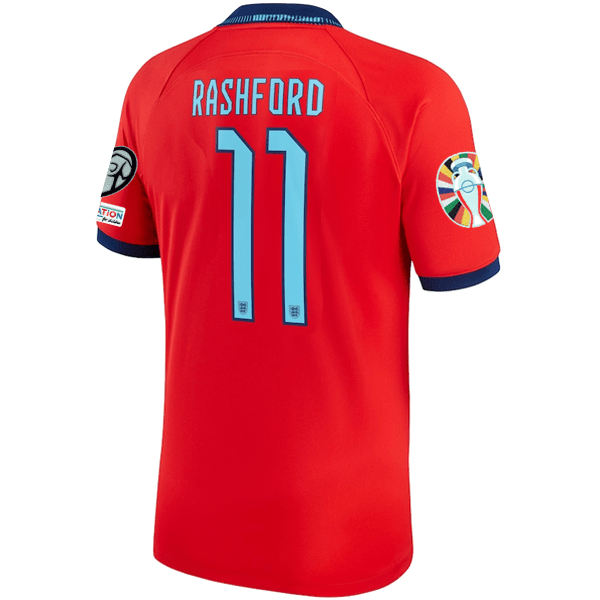 Nike England Marcus Rashford Away Jersey 22/23 w/ Euro Qualifier Patches (Challenge Red/Blue Void) | SoccerWearhouse