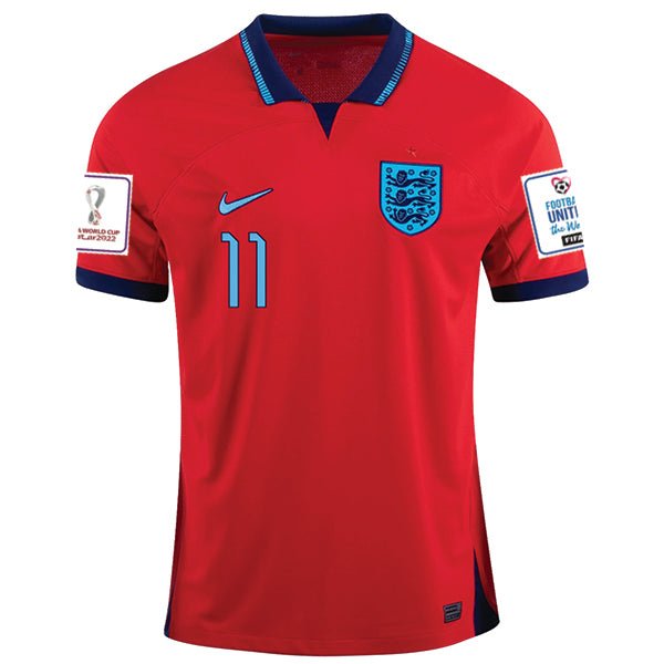 Nike England Marcus Rashford Away Jersey 22/23 w/ World Cup 2022 Patches (Challenge Red/Blue Void) | SoccerWearhouse