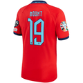 Nike Inglaterra Away Jersey 22/23 con parches de la Copa Mundial 2022 (Challenge Red/Blue Void)
