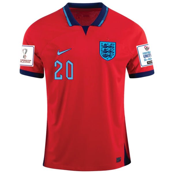 Nike England Phil Foden Away Jersey 22/23 w/ World Cup 2022 Patches (Challenge Red/Blue Void) | SoccerWearhouse