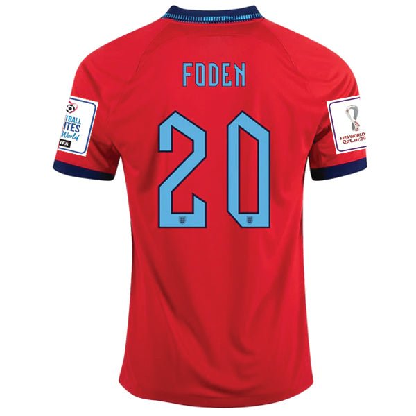 Nike England Phil Foden Away Jersey 22/23 w/ World Cup 2022 Patches (Challenge Red/Blue Void) | SoccerWearhouse