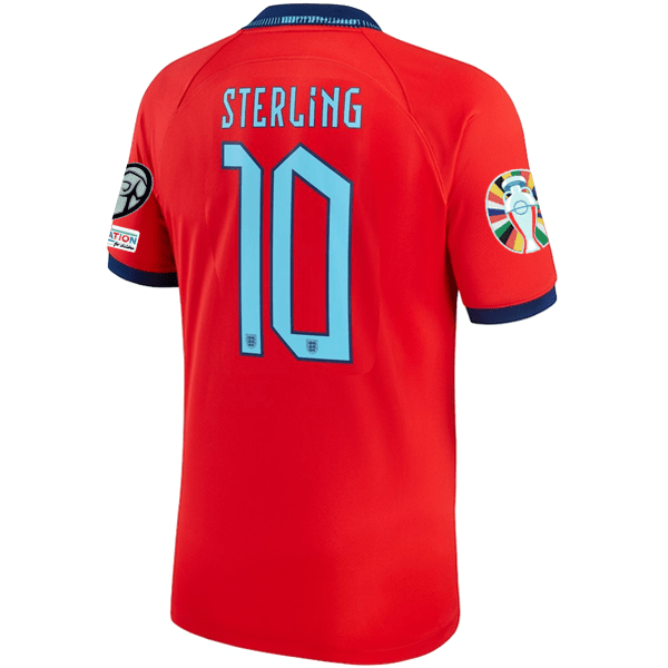 Nike England Raheem Sterling Away Jersey 22/23 w/ Euro Qualifier Patches (Challenge Red/Blue Void) | SoccerWearhouse