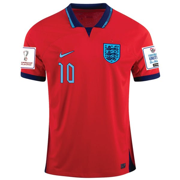 Nike England Raheem Sterling Away Jersey 22/23 w/ World Cup 2022 Patches (Challenge Red/Blue Void) | SoccerWearhouse