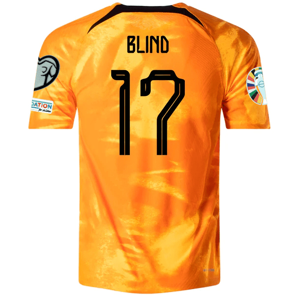 Nike Netherlands Daley Blind Home Match Authentic Jersey w/ Euro Qualifying Patches 22/23 (Laser Orange/Black) | SoccerWearhouse