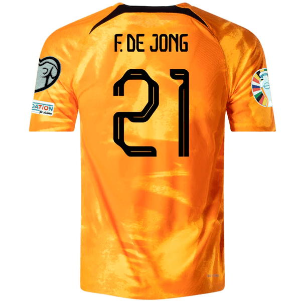 Nike Netherlands Frenkie De Jong Home Match Authentic Jersey w/ Euro Qualifying Patches 22/23 (Laser Orange/Black) | SoccerWearhouse