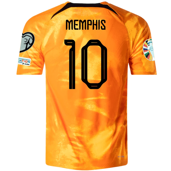 Nike Netherlands Memphis Depay Home Match Authentic Jersey w/ Euro Qualifying Patches 22/23 (Laser Orange/Black) | SoccerWearhouse