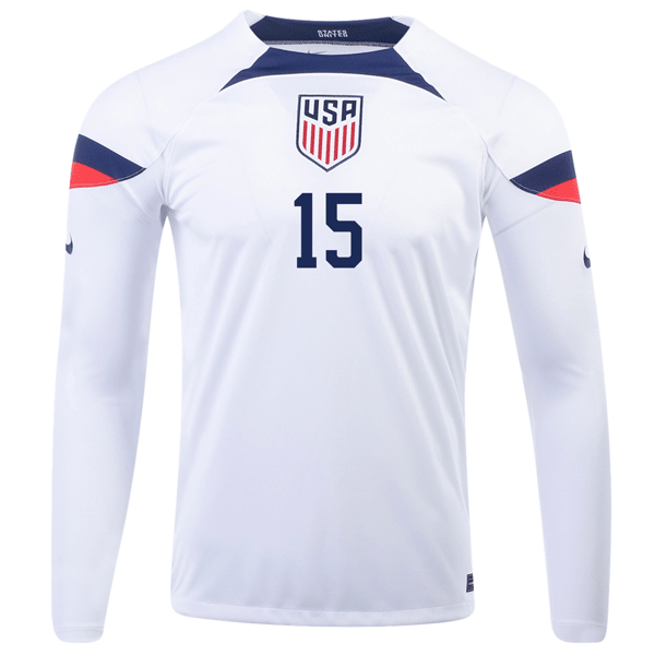 Nike United States Aaron Long Home Long Sleeve Jersey 22/23 (White/Loyal Blue) | SoccerWearhouse