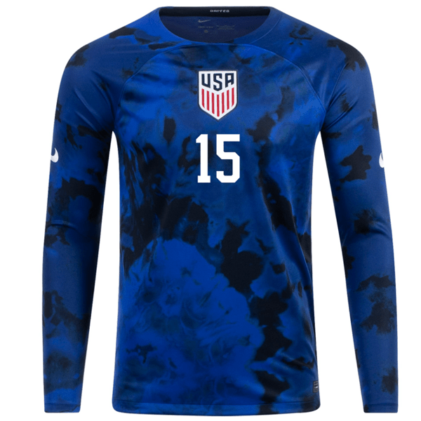 Nike United States Aaron Long Long Sleeve Away Jersey 22/23 (Bright Blue/White) | SoccerWearhouse