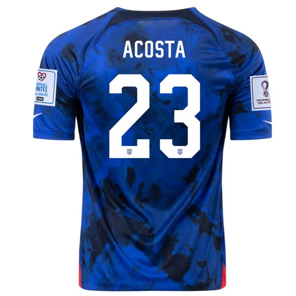 Nike United States Acosta Away Jersey 22/23 w/ World Cup 2022 Patches (Bright Blue/White) | SoccerWearhouse