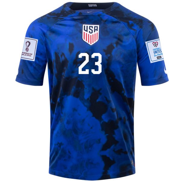 Nike United States Acosta Away Jersey 22/23 w/ World Cup 2022 Patches (Bright Blue/White) | SoccerWearhouse