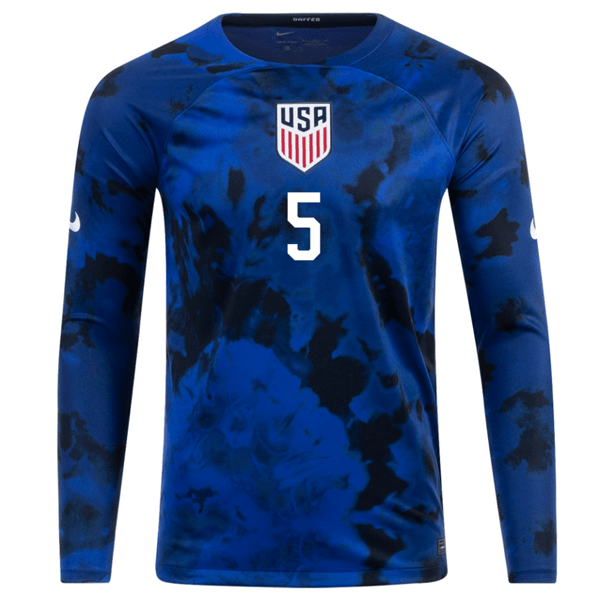 Nike United States Antonee Robinson Long Sleeve Away Jersey 22/23 (Bright Blue/White) | SoccerWearhouse