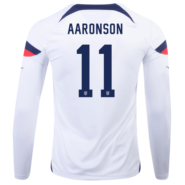 Nike United States Brenden Aaronson Home Long Sleeve Jersey 22/23 (White/Loyal Blue) | SoccerWearhouse