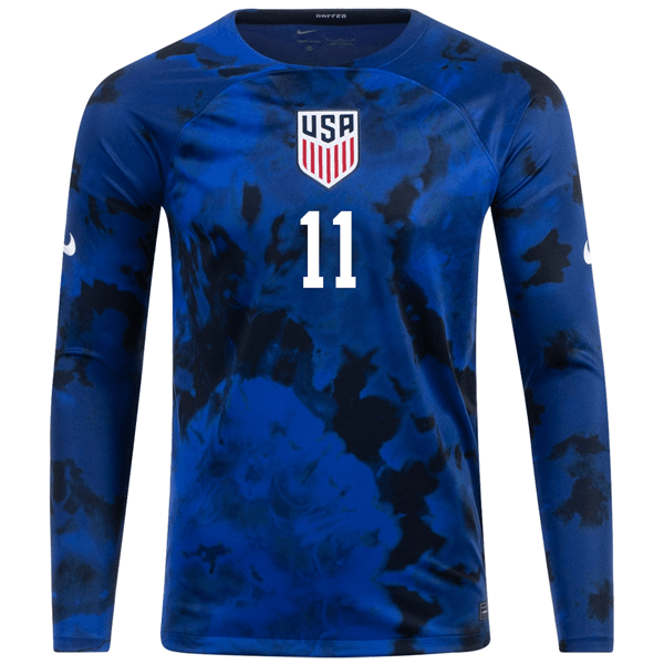 Nike United States Brenden Aaronson Long Sleeve Away Jersey 22/23 (Bright Blue/White) | SoccerWearhouse