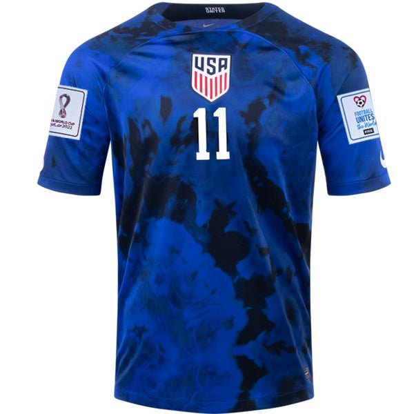 Nike United States Brendon Aaronson Away Jersey 22/23 w/ World Cup 2022 Patches (Bright Blue/White) | SoccerWearhouse