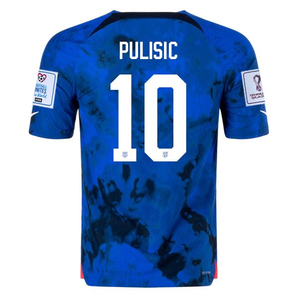 Nike United States Christian Pulisic Authentic Match Away Jersey 22/23 w/ World Cup 2022 Patches (Bright Blue/White) | SoccerWearhouse