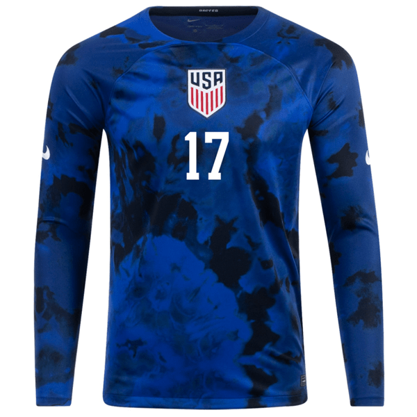 Nike United States Jordan Pefok Long Sleeve Away Jersey 22/23 (Bright Blue/White) | SoccerWearhouse