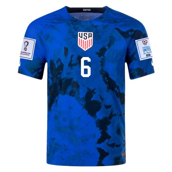 Nike United States Musah Authentic Match Away Jersey 22/23 w/ World Cup 2022 Patches (Bright Blue/White) | SoccerWearhouse