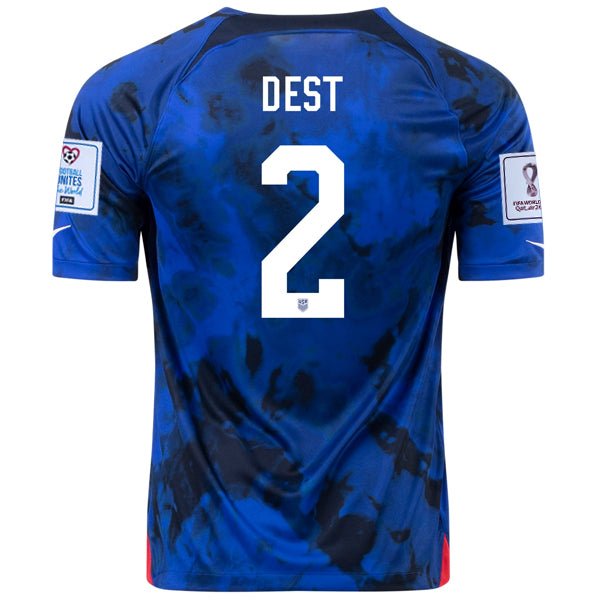 Nike United States Sergino Dest Away Jersey 22/23 w/ World Cup 2022 Patches (Bright Blue/White) | SoccerWearhouse