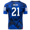 Nike Estados Unidos Timothy Weah Away Jersey 22/23 con parches de la Copa Mundial 2022 (Azul brillante/Blanco)